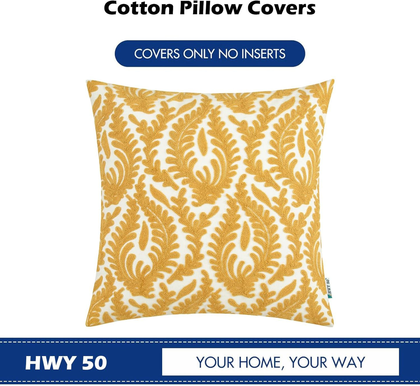 HWY 50 Mustard Yellow Decorative Throw Pillow Covers 18x18 Inch (1 Piece), Embroidered Cotton Farmhouse Cushion Cover Pillow Case for Sofa Couch Living Room Bed Bedroon, Floral Branches