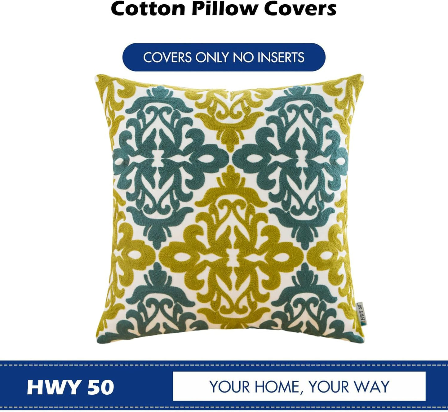 HWY 50 Decorative Throw Pillow Covers 18x18 Inch (1 Piece), Embroidered Cotton Farmhouse Cushion Cover Pillow Case for Sofa Couch Living Room Bed Bedroon, Blue and Green Floral Geometric