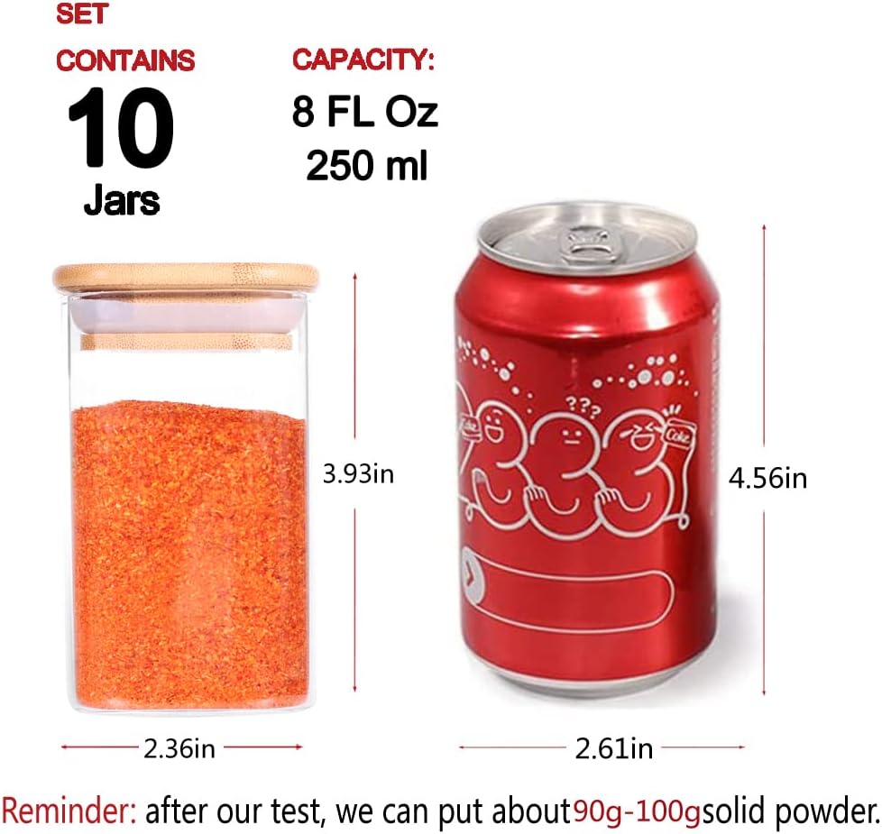 10 Pcs Glass Spice Jars - 8oz Empty Square Spice Storage Containers With Bamboo Airtight Lid and Labels - Thicken Small Glass canister for Kitchen Seasoning,Coffee Bean,Tea,Suger,Herbs