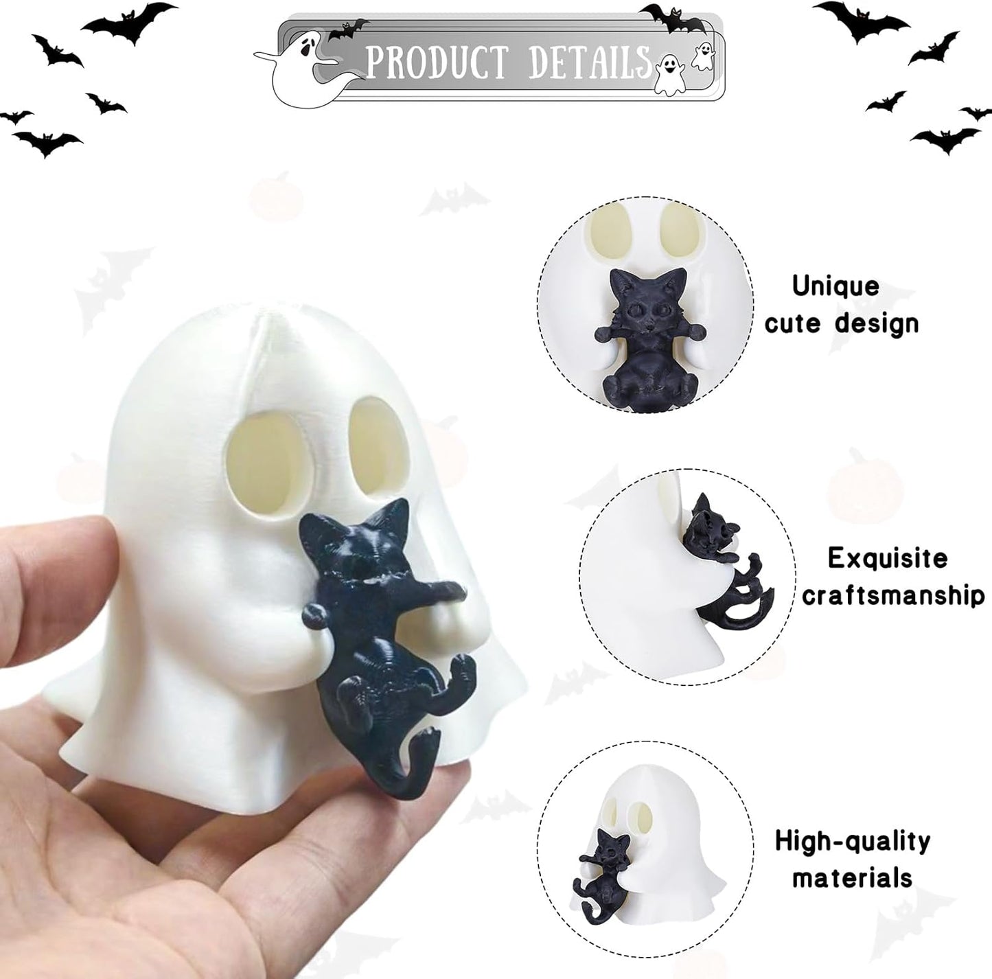 1 Pcs Halloween Ghost Figurine Cute Desktop Ornament Cute Cartoon Little Ghost Hugging Kitten Designs Resin Spooky Halloween Statue for Home Offince Art Display Decor Suppies