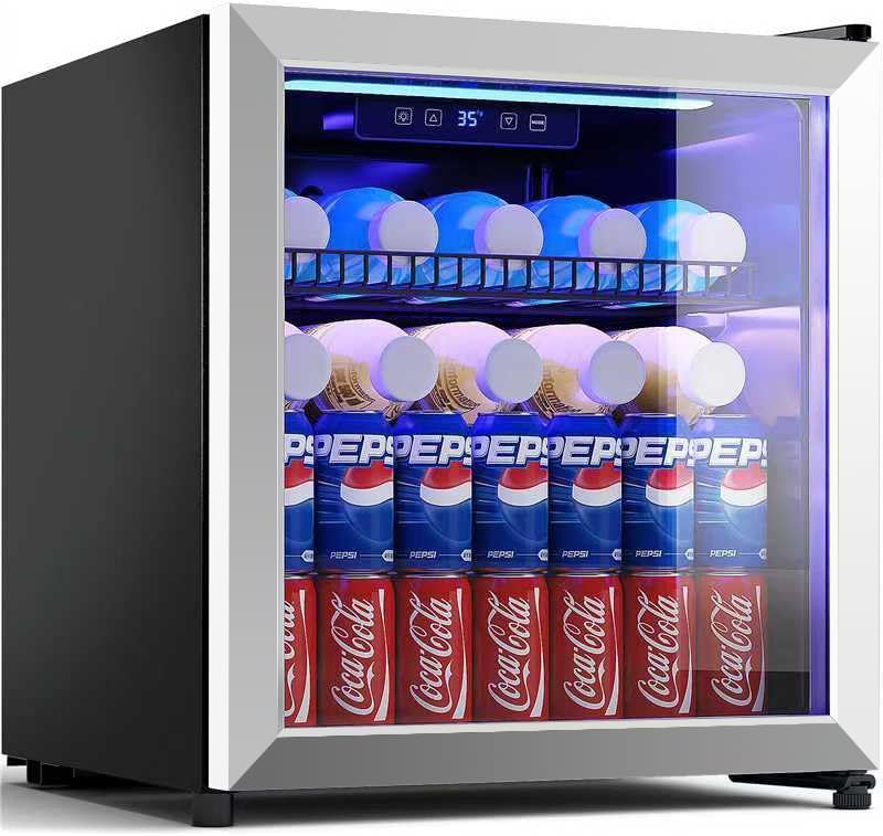 1.77 Cu.Ft Beverage Fridge, Mini Fridge With Glass Door, Beverage Cooler Refrigerator, Wine Drink Beer Fridge, Adjustable Shelves & Digital Temperature Display, 16 Bottle 68 Can, Silver