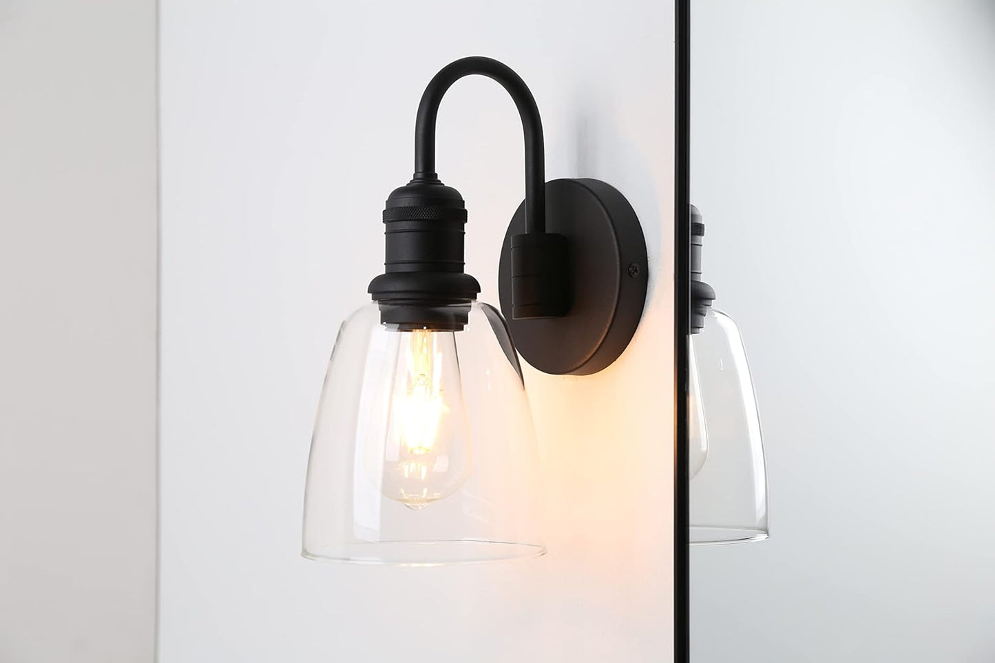 1-Light Vintage Wall Sconce, Yosoan Black Industrial Fixture Light with Elegant Gooseneck Curved Rod, Indoor Clear Glass Shade Wall Lamp Lighting for Bathroom Porch Kitchen Living Room Restaurant