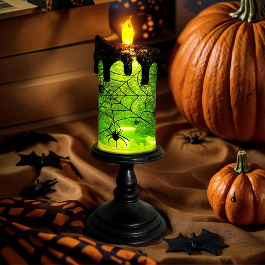 1.Halloween Snow Globe Tornado Flameless Candles Table Centerpiece for Celebration Party,Battery Operated LED Candle with 6 Hours Timer for Home Indoor Halloween Decoration (Spider)