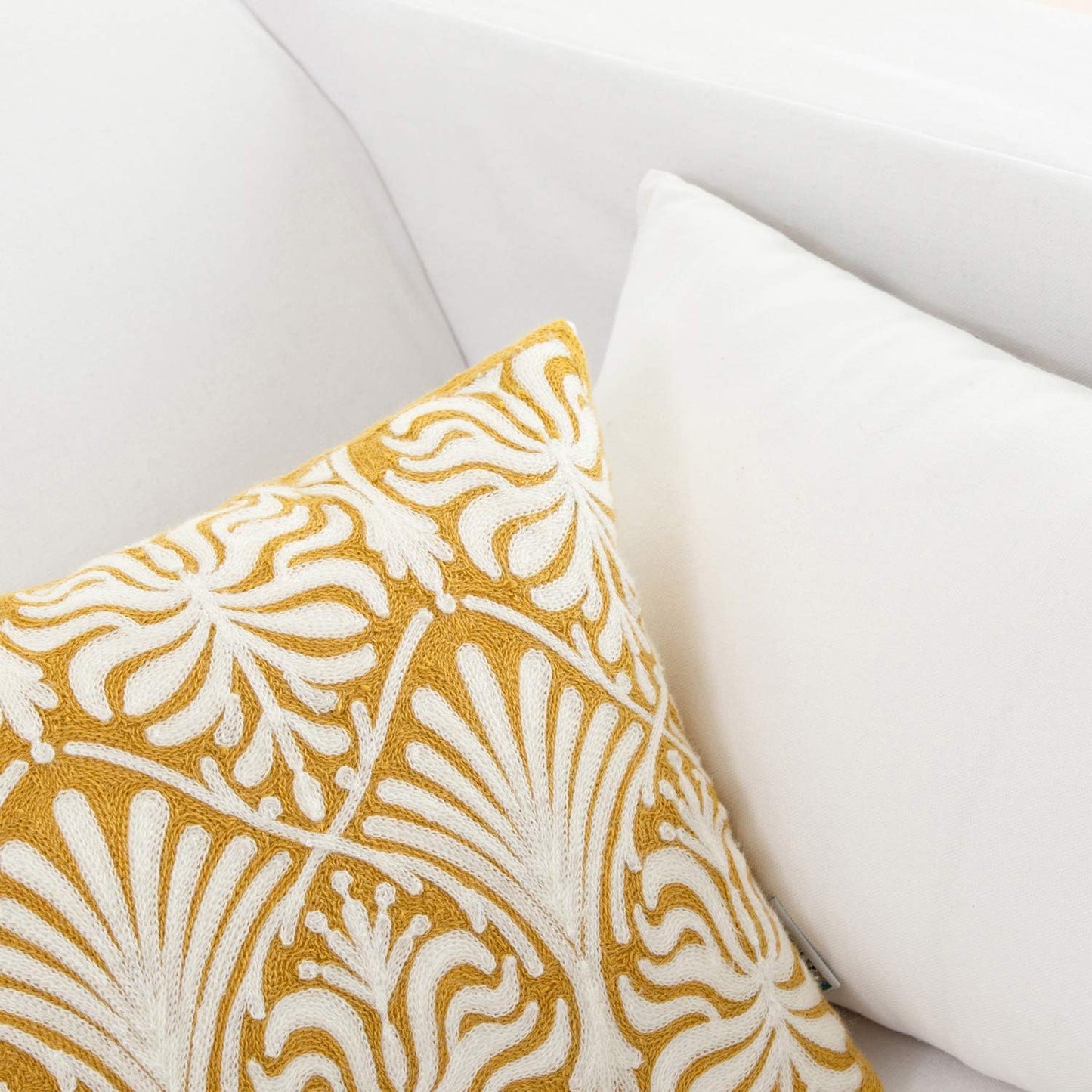 HWY 50 Mustard Yellow Decorative Lumbar Pillow Cover Rectangle 12x20 Inch (1 Piece), Embroidered Cotton Farmhouse Cushion Cover Pillow Case for Sofa Couch Living Room Bed, Minimalist Floral