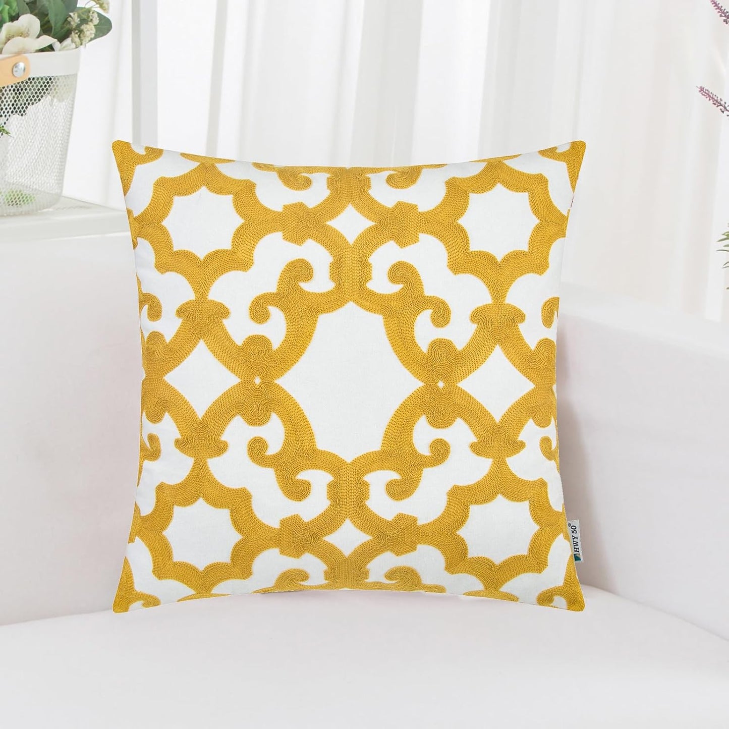 HWY 50 Mustard Yellow Decorative Throw Pillow Covers 18x18 Inch (1 Piece), Embroidered Cotton Farmhouse Cushion Cover Pillow Case for Sofa Couch Living Room Bed, Geometric