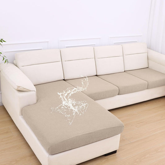 hyha Waterproof Couch Cushion Covers for Pets, Non Slip Sofa Seat Cover for Dogs Washable, Soft Thick Stretch Jacquard Fabric, Sofa Slipcovers with Elastic Bottom (1 Chaise+3 Seater, Taupe)
