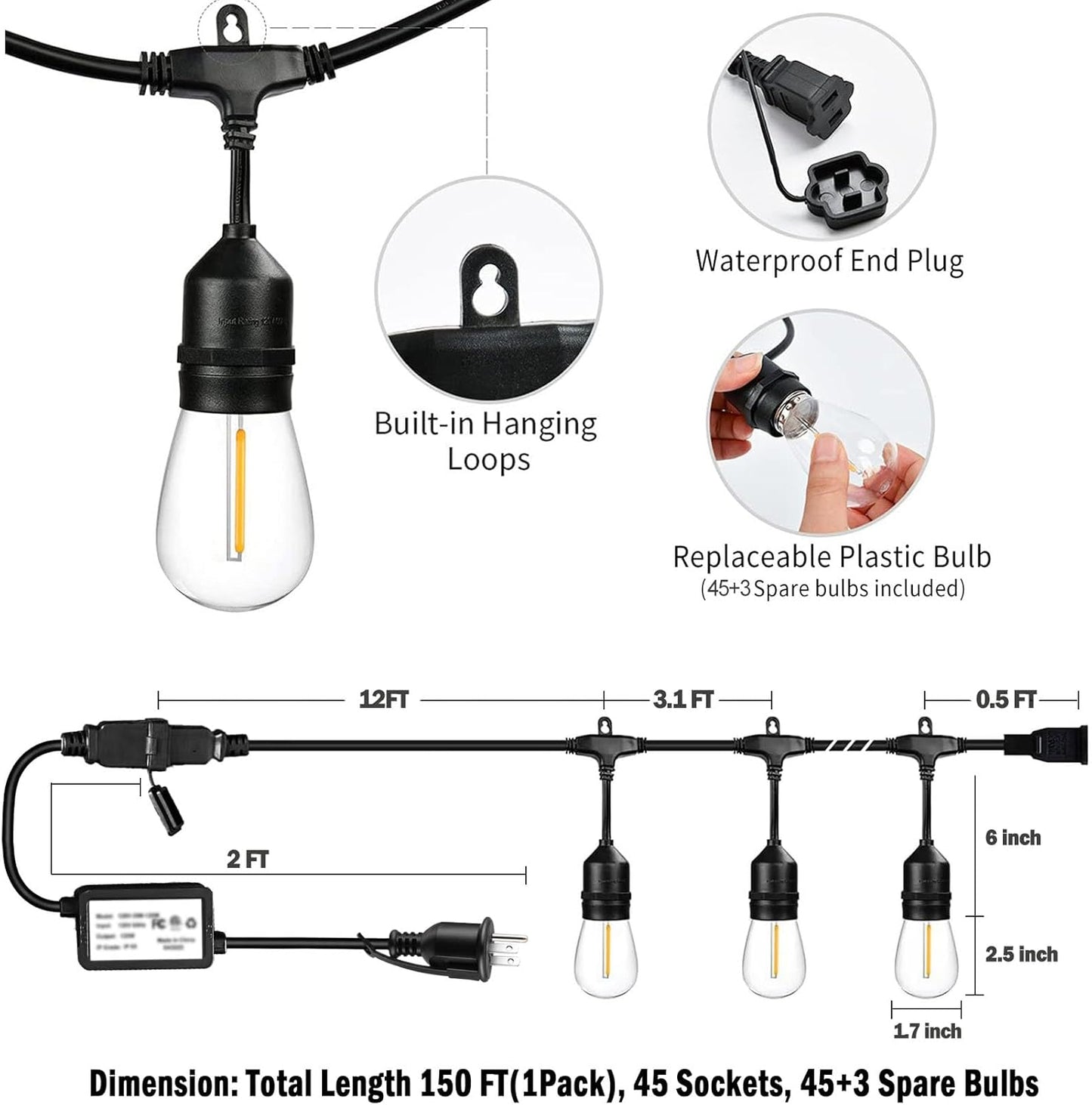 1-Pack 150 ft Outdoor String Lights with Remote Patio Lights Weatherproof, 45+3 Spare S14 Shatterproof Warm 2200K Bulbs, 3 Lighting Modes&Dimmable&Timer