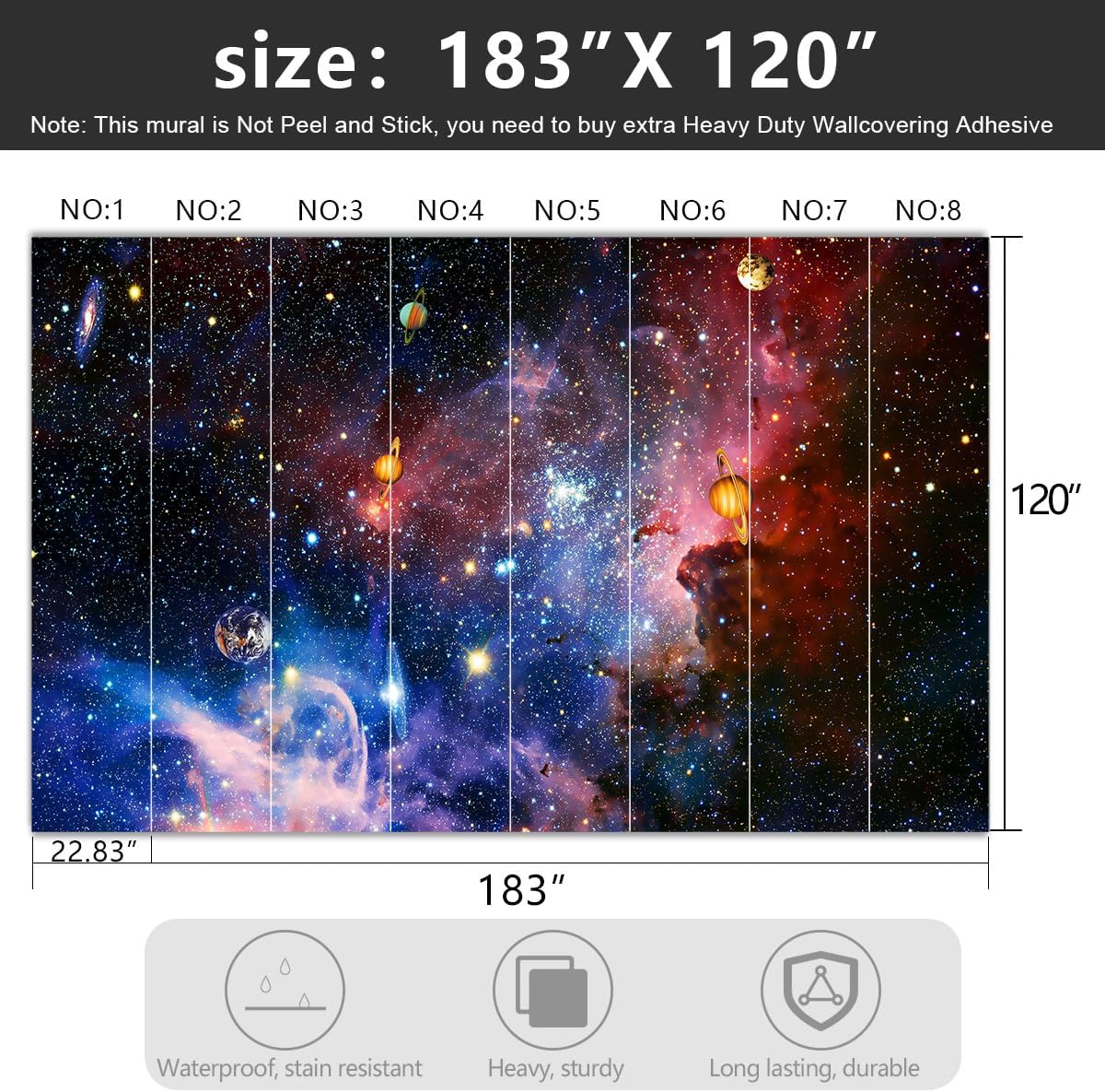 -Galaxy Universe Planet Ceiling Fabric Wallpaper Boys Girls Nursery Starry Sky Children Bedroom Bathroom Large Mural- 183"x120"（ not Peel and Stick）