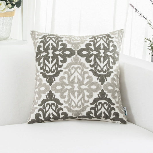 HWY 50 Grey Gray Decorative Throw Pillow Covers 18x18 Inch (1 Piece), Embroidered Cotton Farmhouse Cushion Cover Pillow Case for Sofa Couch Living Room Bed Bedroon, Floral Geometric