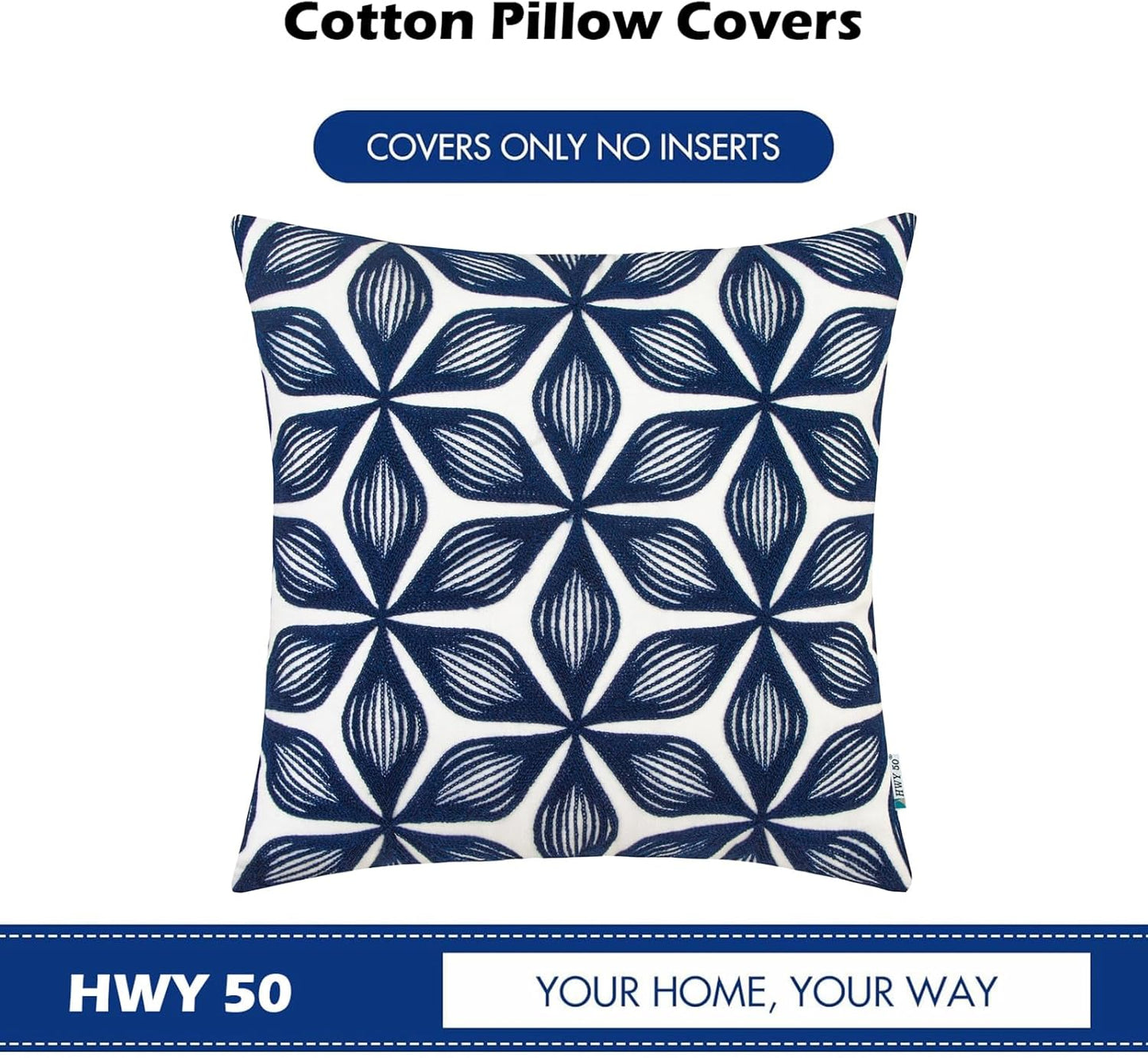 HWY 50 Navy Blue Decorative Throw Pillow Covers 18x18 Inch (1 Piece), Embroidered Cotton Farmhouse Cushion Cover Pillow Case for Sofa Couch Living Room Bed, Fashion Geometric
