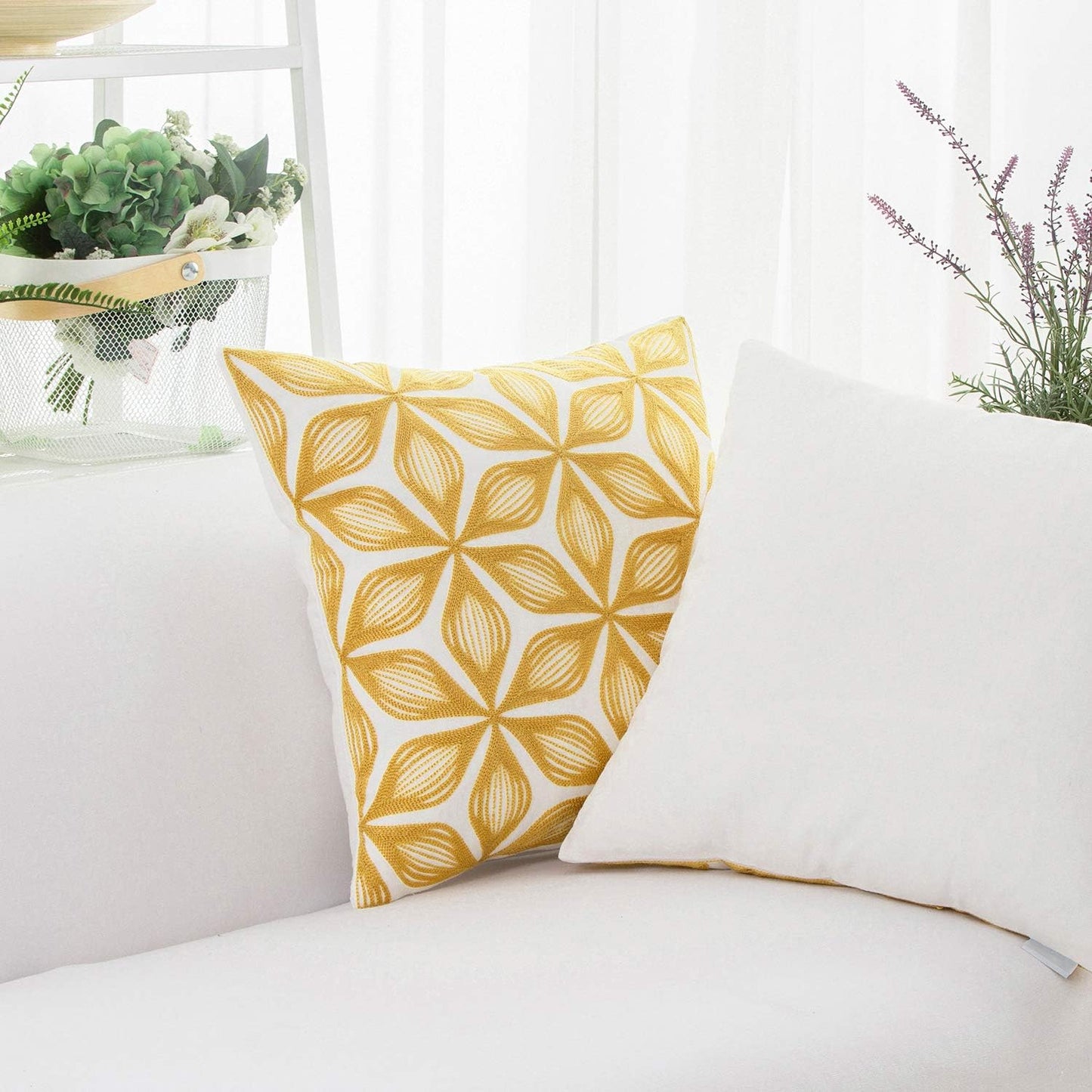 HWY 50 Yellow Decorative Throw Pillow Covers 18x18 Inch (1 Piece), Embroidered Cotton Farmhouse Cushion Cover Pillow Case for Sofa Couch Living Room Bed, Fashion Geometric