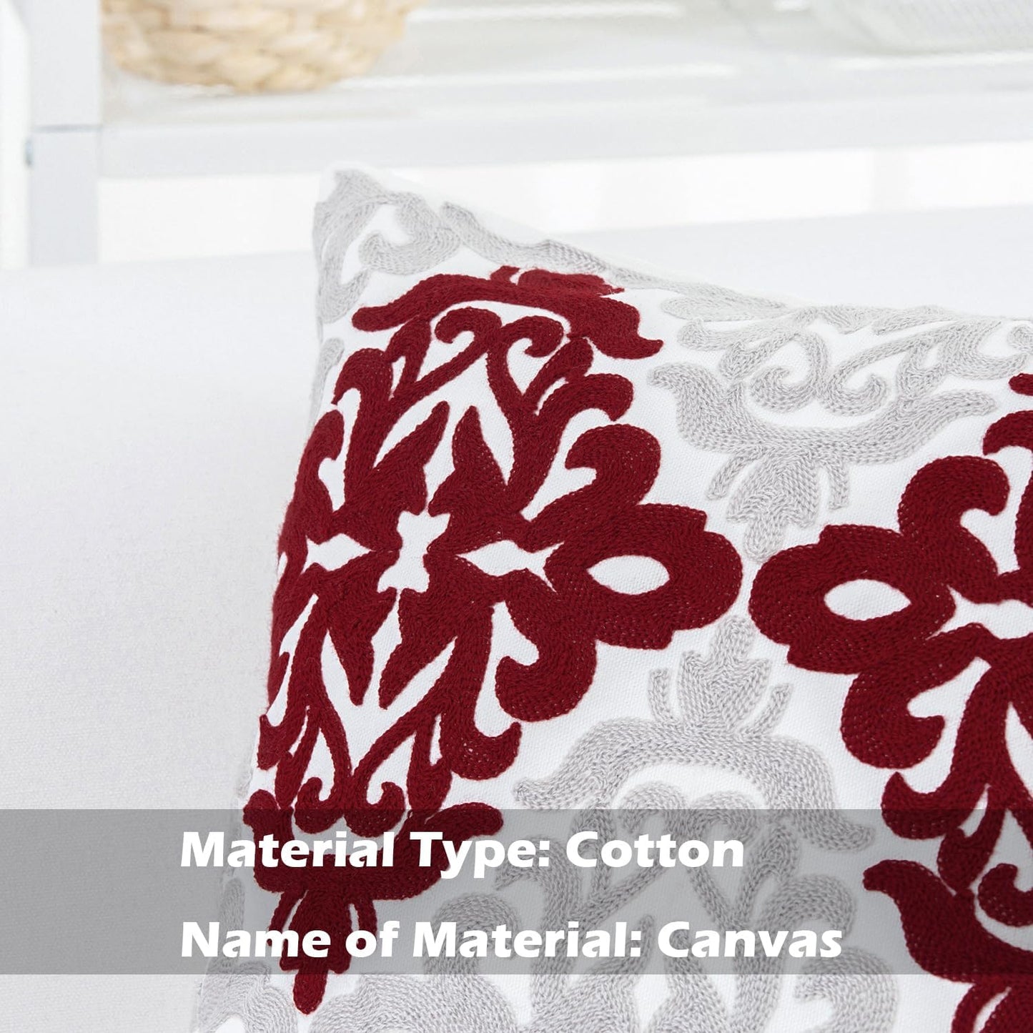 HWY 50 Burgundy Red Decorative Throw Pillow Covers 18x18 Inch (1 Piece), Embroidered Cotton Farmhouse Cushion Cover Pillow Case for Sofa Couch Living Room Bed Bedroon, Floral Geometric