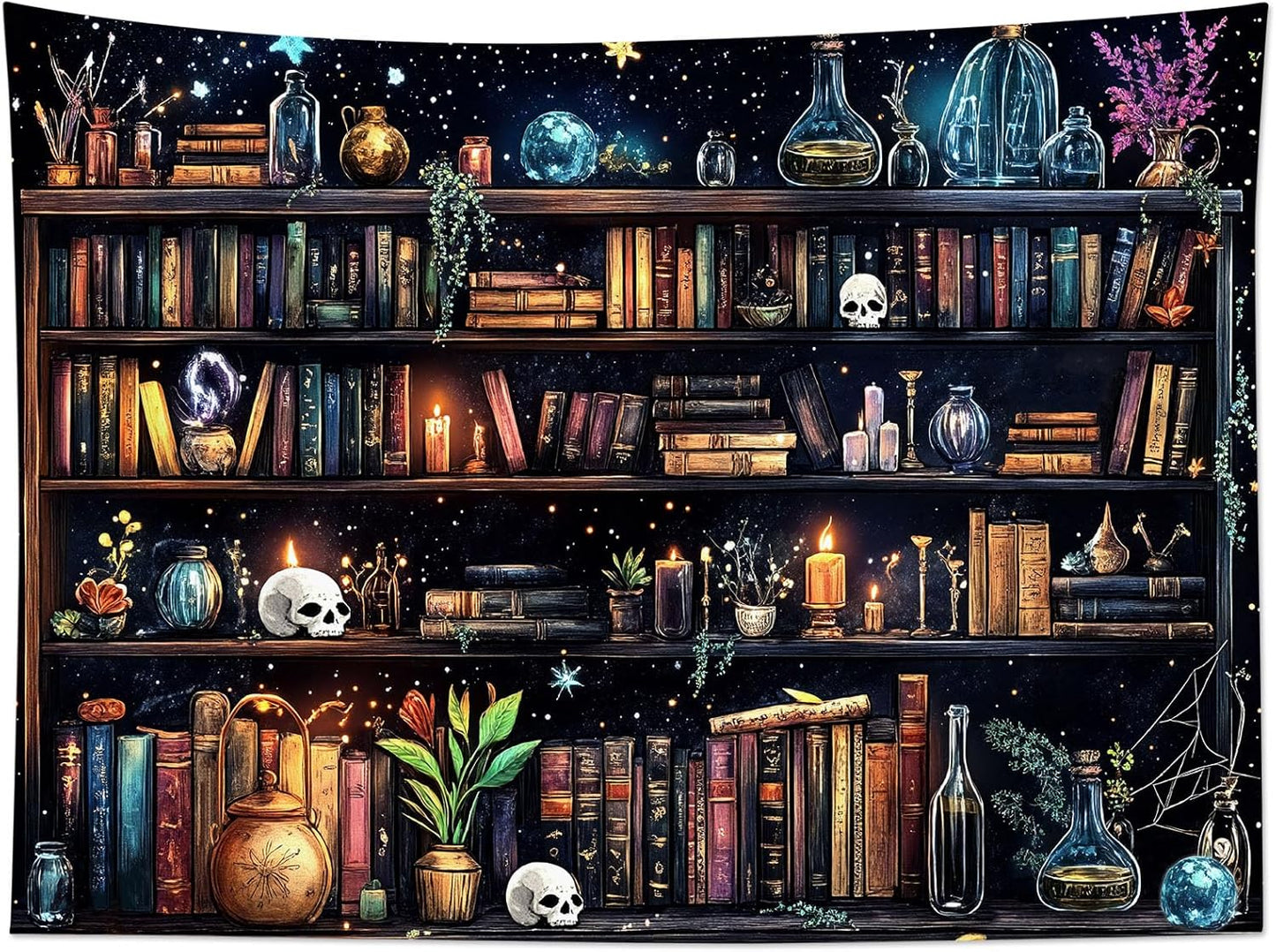 HVEST Magic Bookshelf Tapestry Wall Hanging Vintage Bookshelf Witchy Books Plant Skull Gothic Halloween Wall Decor Starry Sky Tapestry for Bedroom Living Room Dorm, 60L x 80W Inches