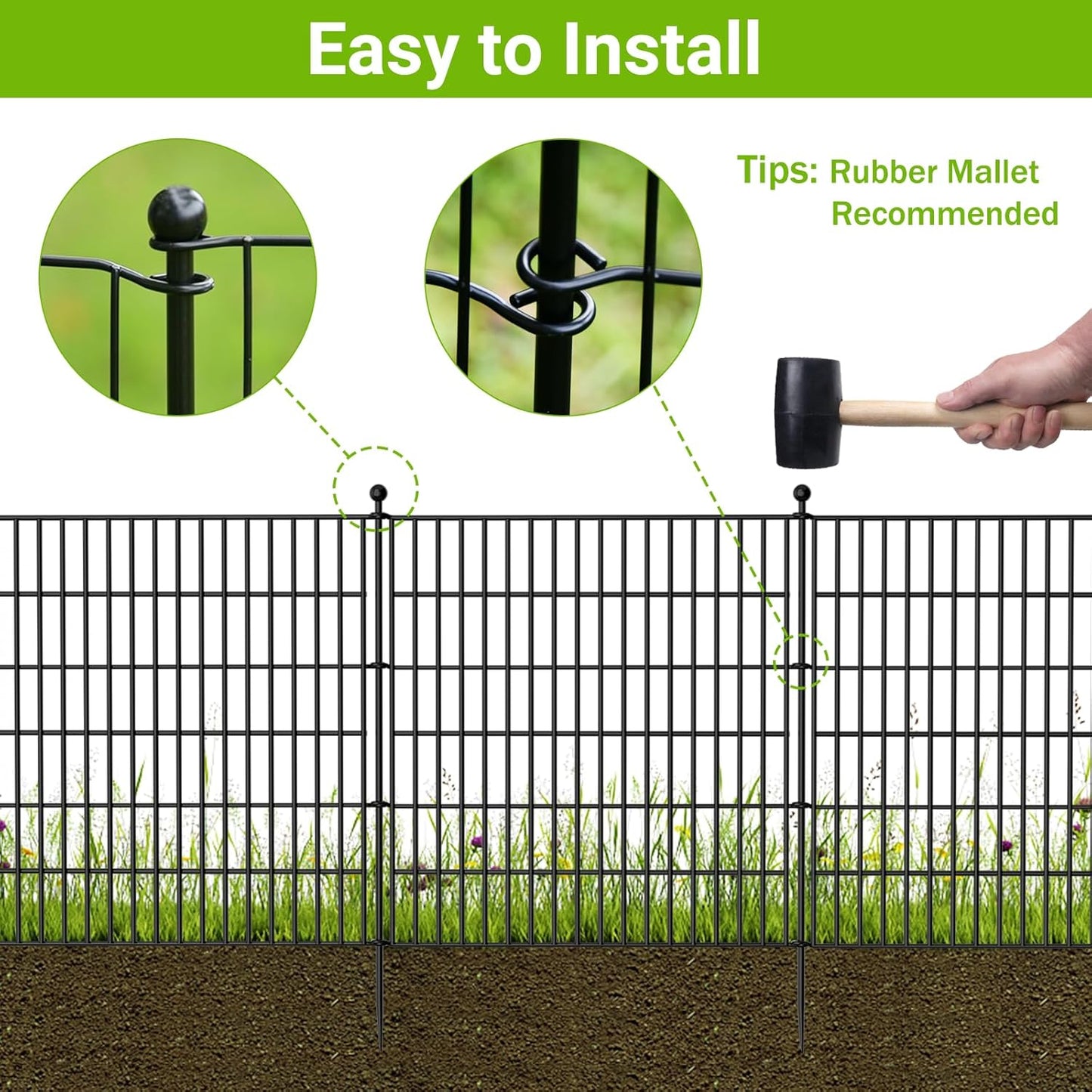 10 Panels No Dig Decorative Outdoor Garden Fence for Yard, 24 in(H) X 20 ft(L) Animal Barrier Fencing Rustproof Metal Wire Panel Border for Dog, Rabbits, and Patio Temporary Ground Stakes