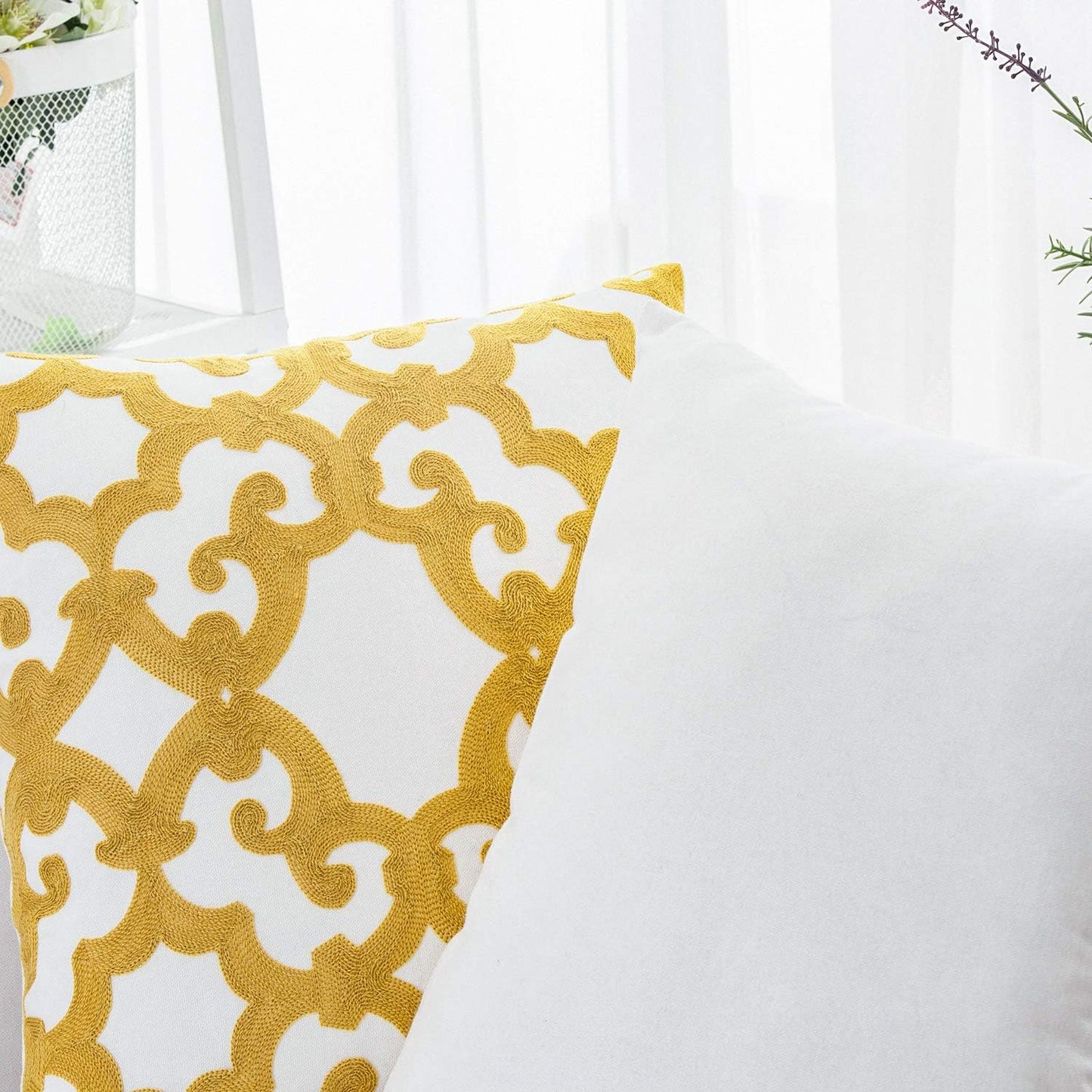 HWY 50 Mustard Yellow Decorative Throw Pillow Covers 18x18 Inch (1 Piece), Embroidered Cotton Farmhouse Cushion Cover Pillow Case for Sofa Couch Living Room Bed, Geometric