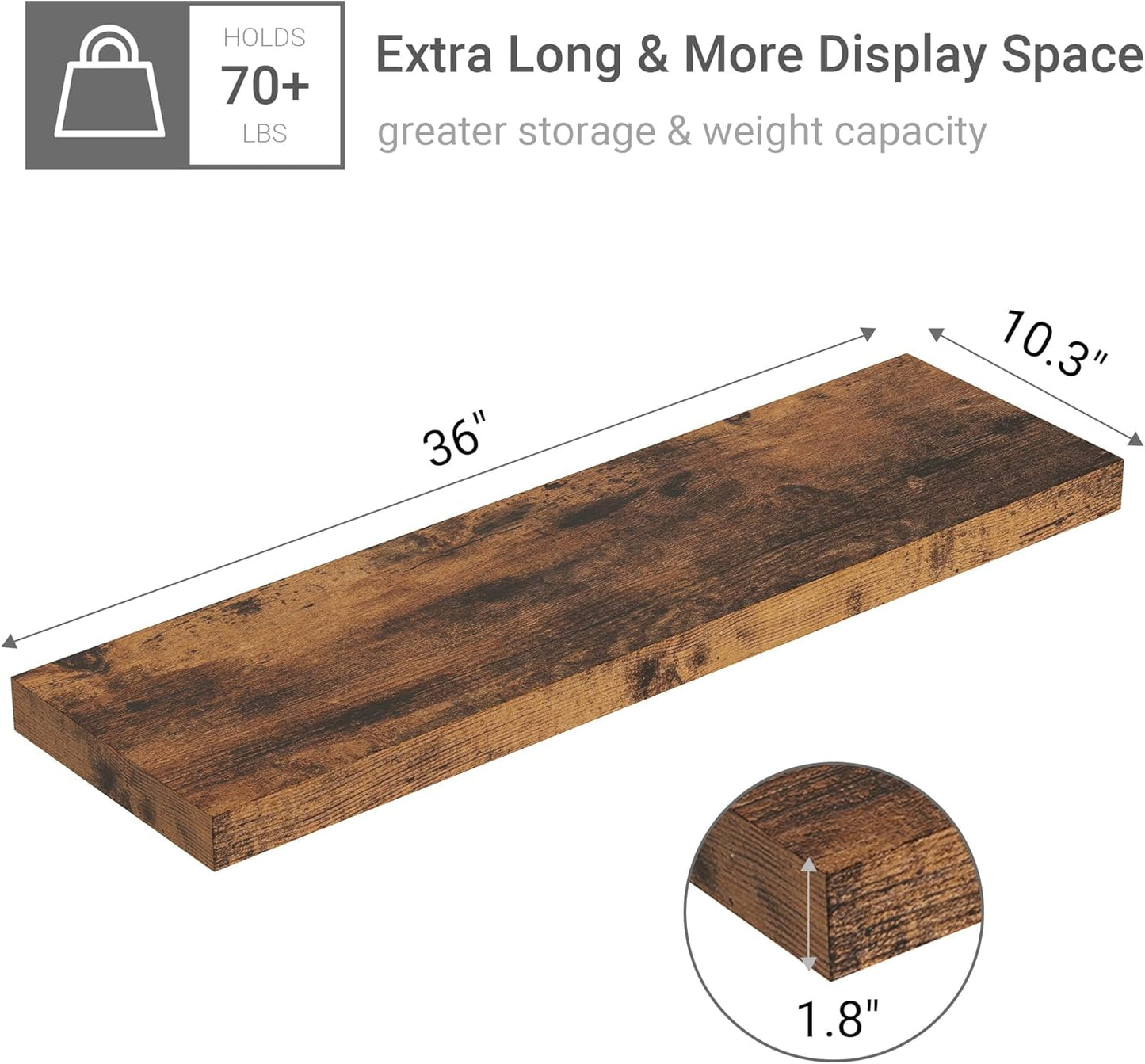 10 inches Deep Floating Shelves 36 inch Long, Sing Shelves for Wall Heavy Duty for Bedroom, Bathroom, Living Room, Kitchen, Office, Farmhouse Shelf Home Decor, Set of 1, Rustic Brown