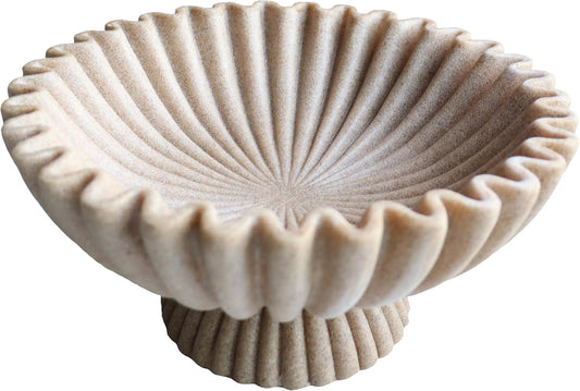 10" Large Decorative Bowl decor, Scalloped Bowls for Modern Home Decor,Ruffle Decor,Stylish Key Bowl for Entry Table,Decorative Fruit Bowl for Kitchen Counter,With base,Artificial Stone Beige