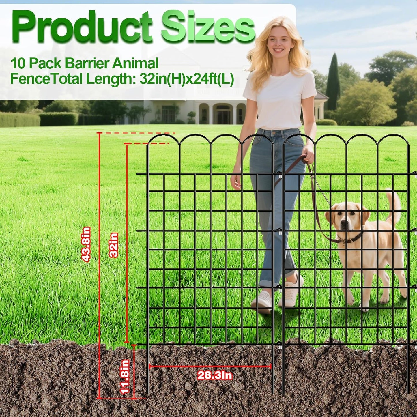10 Panels Garden Fence Dog Fence Outdoor for Yard, 32 in (H) x 24 ft (L) Rustproof No Dig Decorative Tall Fencing Border for Dog, Rabbits, Patio Temporary Ground Stakes and Flower Vegetable Flower Bed