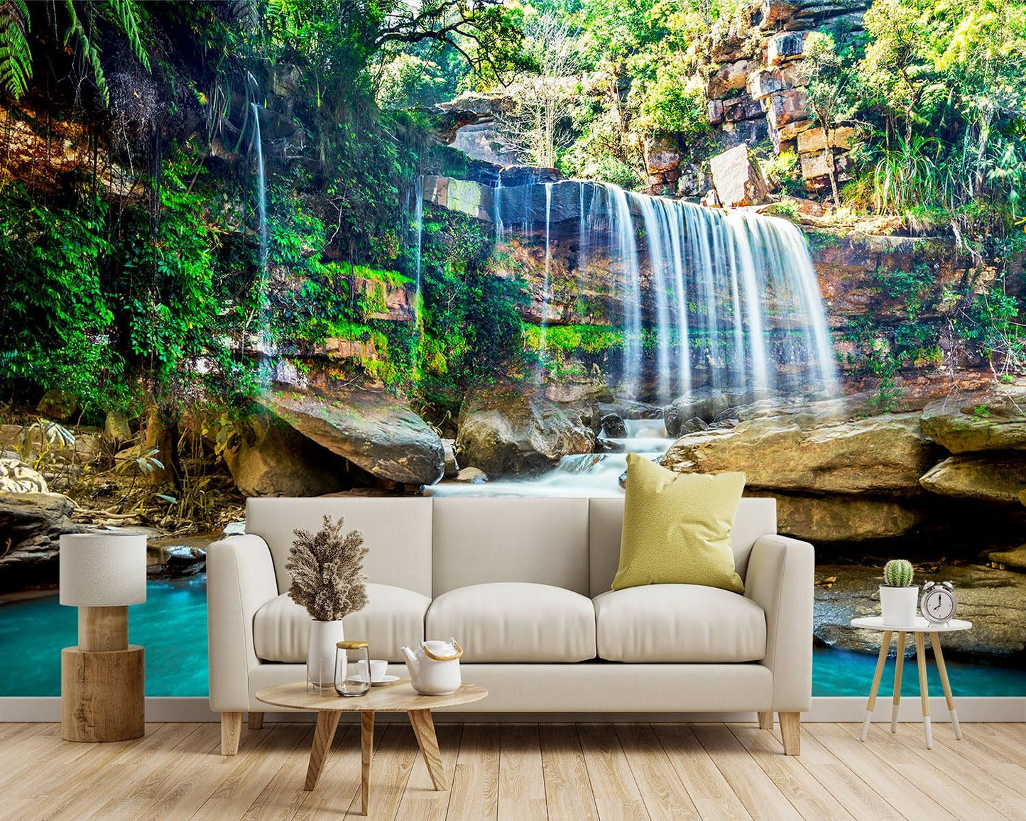 -Green Lake Waterfall Scenery Fabric Wallpaper Living Room Woodland Forest Mountain Bedroom Bathroom Large Wall Mural- 160"x108"（ not Peel and Stick）