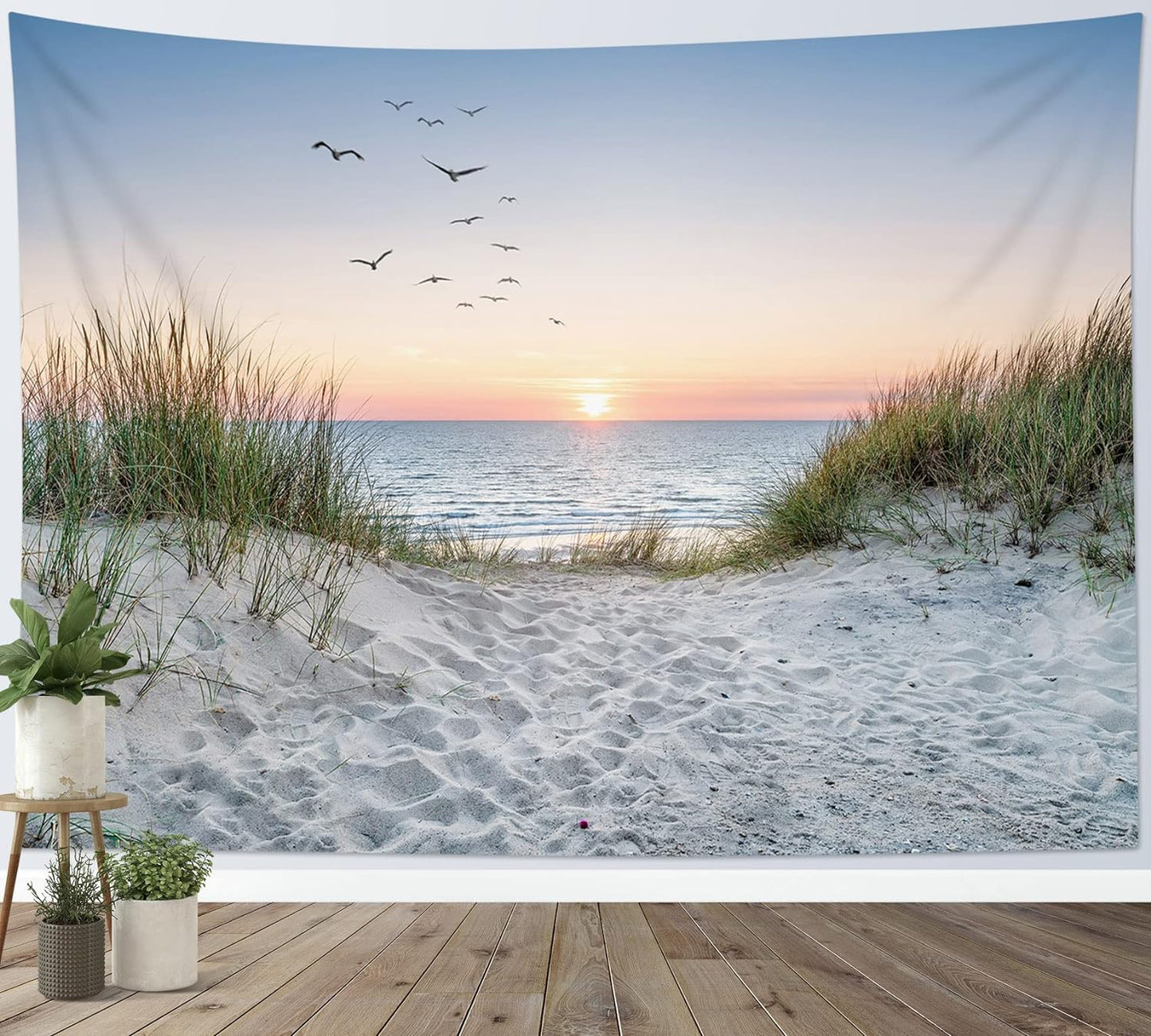 HVEST Ocean Beach Tapestry Wall Hanging, Sunset Seabird and Beach with Grass Wall Hanging Tapestry Natural Landscape Tapestry for Bedroom Living Room Dorm Decoration Wall Decor, 59x51 Inches