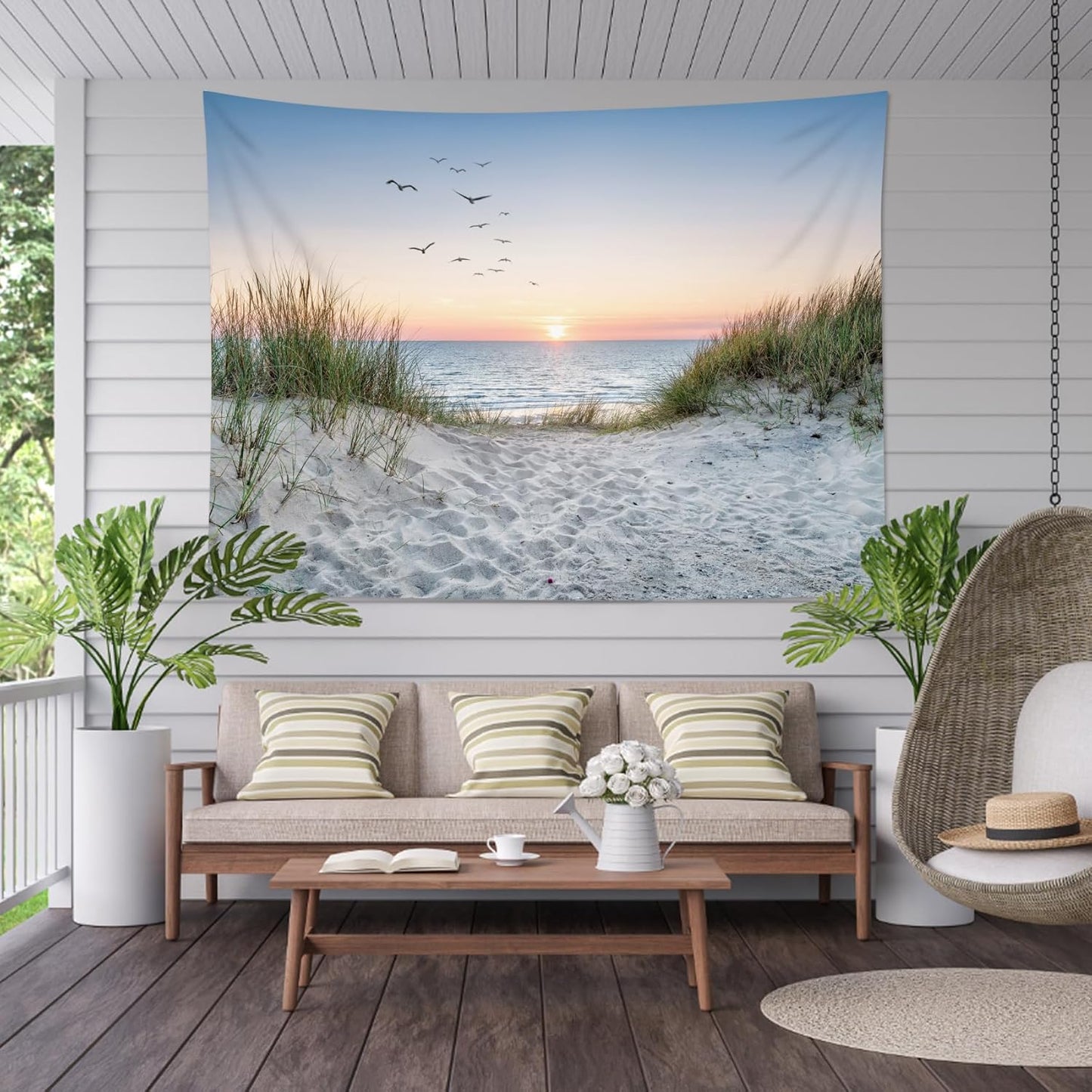 HVEST Ocean Beach Tapestry Wall Hanging, Sunset Seabird and Beach with Grass Wall Hanging Tapestry Natural Landscape Tapestry for Bedroom Living Room Dorm Decoration Wall Decor, 59x51 Inches