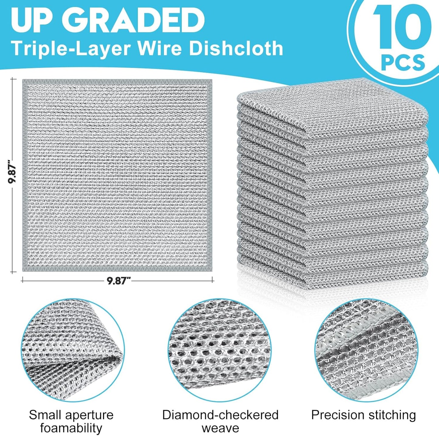 10 Pcs New Upgraded 3 Layers Non Scratch Wire Dishcloth, Multipurpose Wire Dishwashing Rags, Wet & Dry for Cookware, Sinks, Dishes, Stoves & Fireplaces 9.87“ x 9.87”